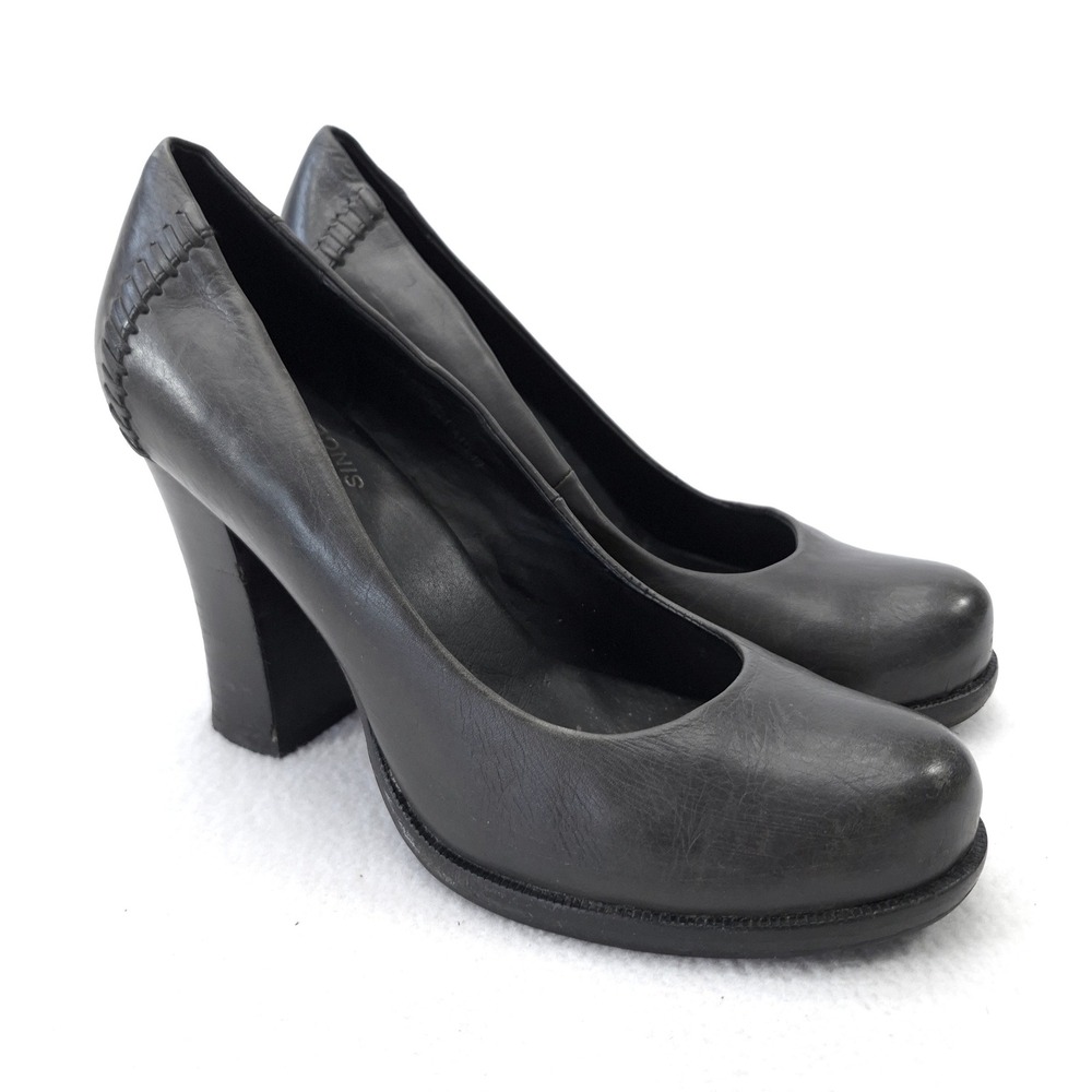 Kork-Ease Black Leather Platform Block Heel Pumps Whipstitch Detail Size 9